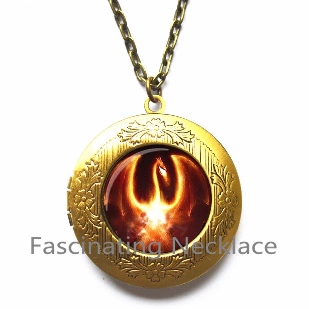 Black Phoenix Locket Necklace Glass Locket Pendant Fantasy Fire Bird Jewelery Glass Cabochon Locket Necklace bijouterie Movie Jewelry，AQ138