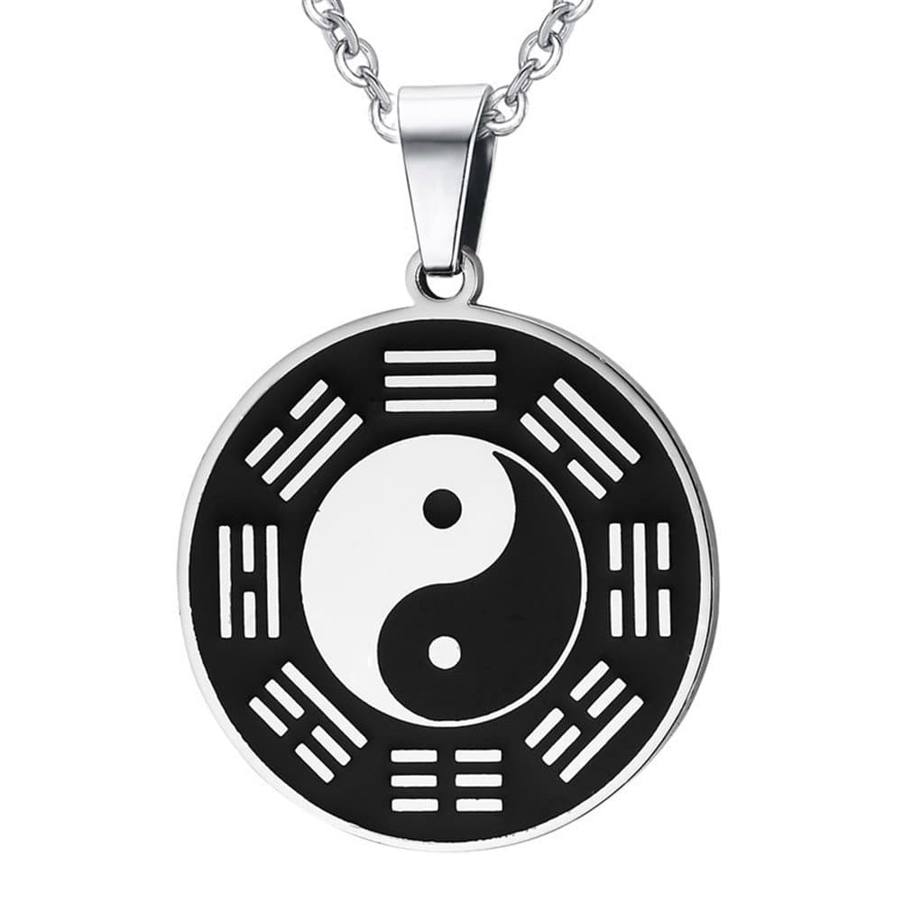 UNAPHYO Men's Stainless Steel Retro Round Amulet Pendant with Taiji Eight Diagrams Yin Yang Necklace