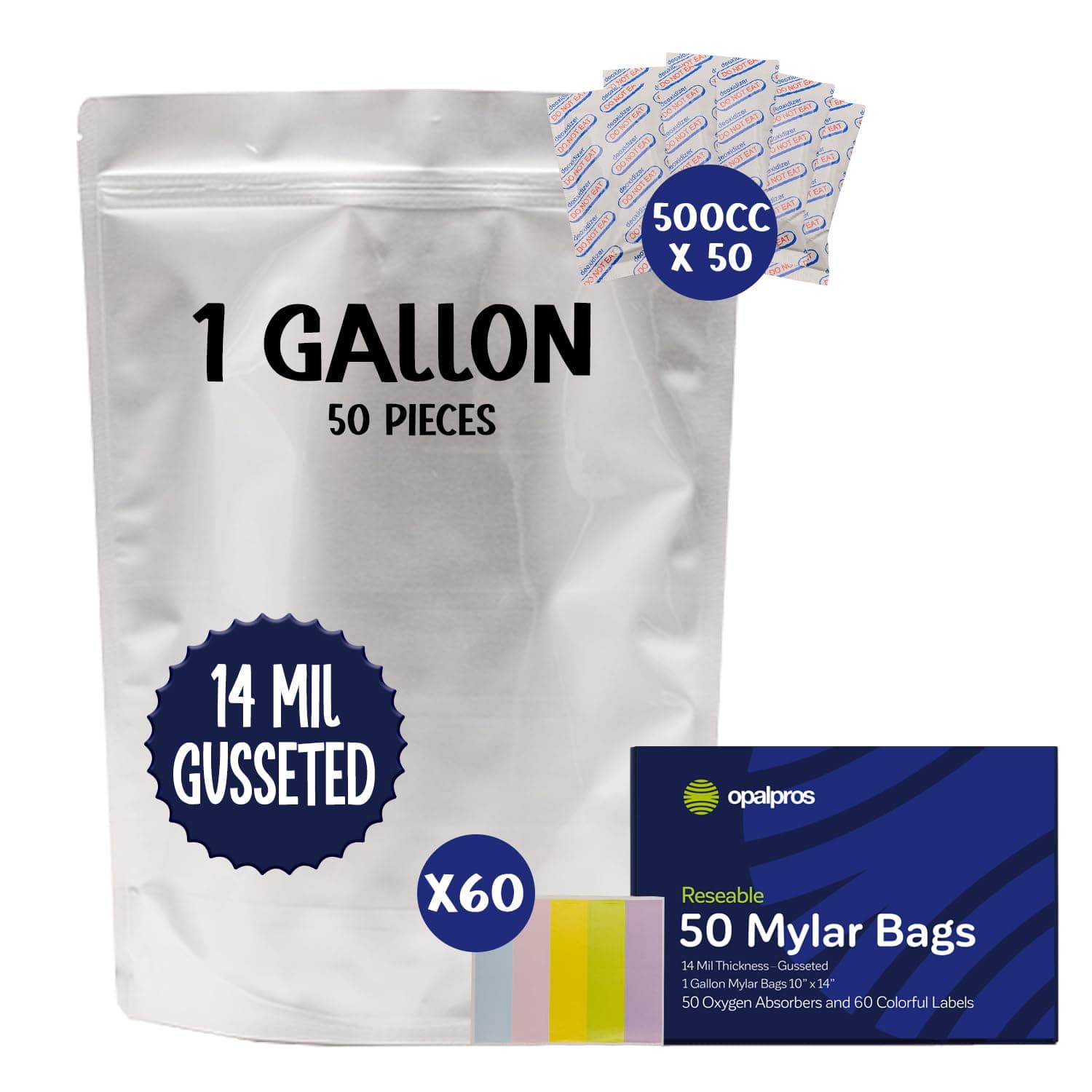 60 pcs 14 Mil mylar bags for food storage with oxygen absorbers - Quart (30), 1 Gallon (20), 5 Gallon (10) with 300cc, 500cc & 2500cc Oxygen Absorbers, Resealable Mylar Bags + Colorful labels