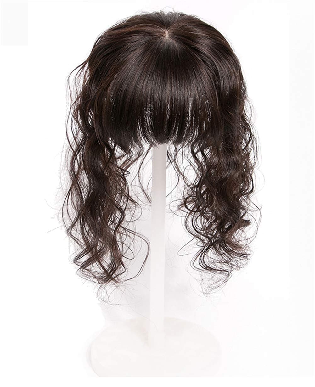 LXUE 4" x 4.7" Silk Base Human Hair Crown Topper with Bangs Natural Curly Hairpiece for Women with Thin Hair, 12" Dark Brown