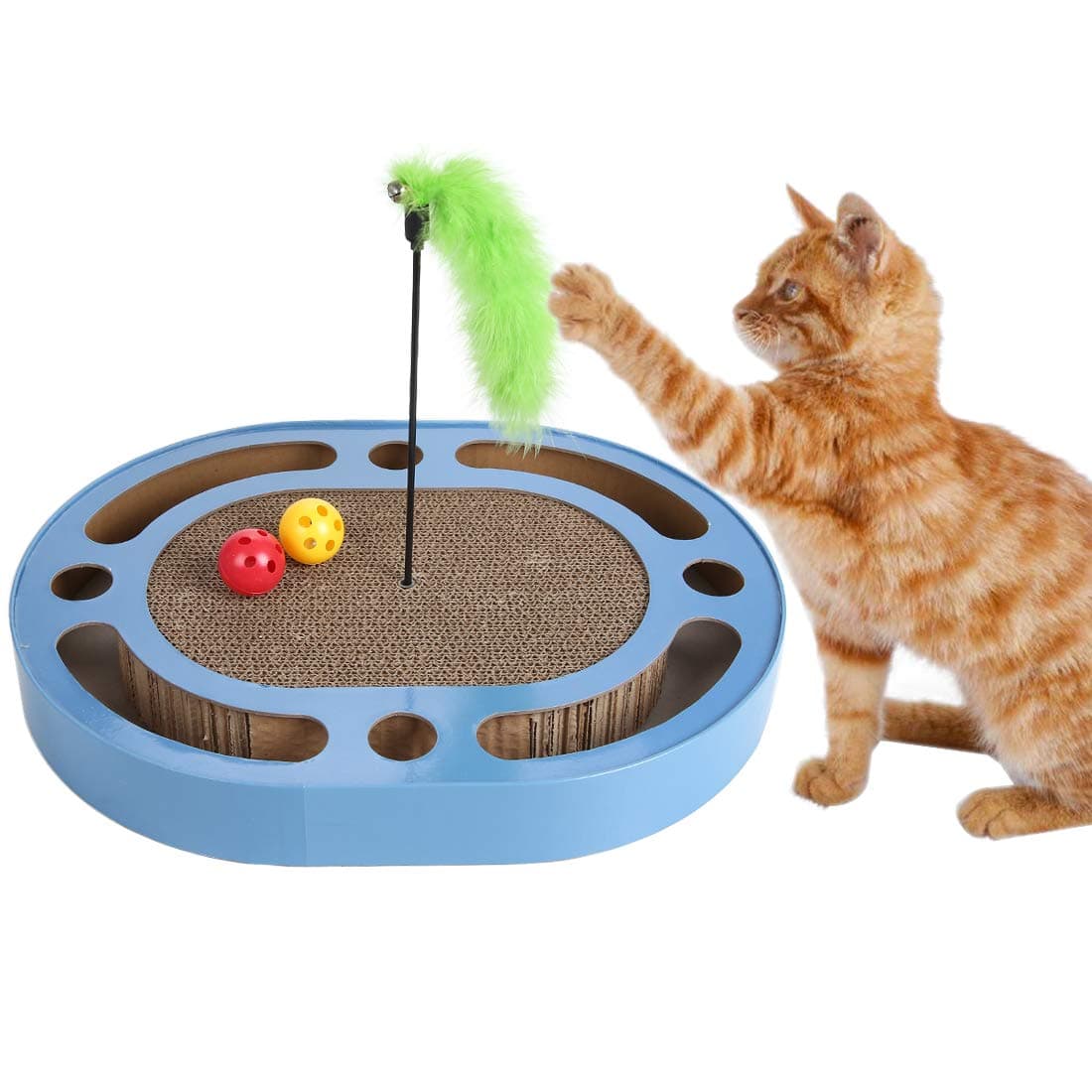 Pet Cat Scratcher Card Board Lounge Corrugated Cardboard Claw Cat Toy with Feather Wand,Jingle Bell Ball,Oval Send Catnip (Blue)