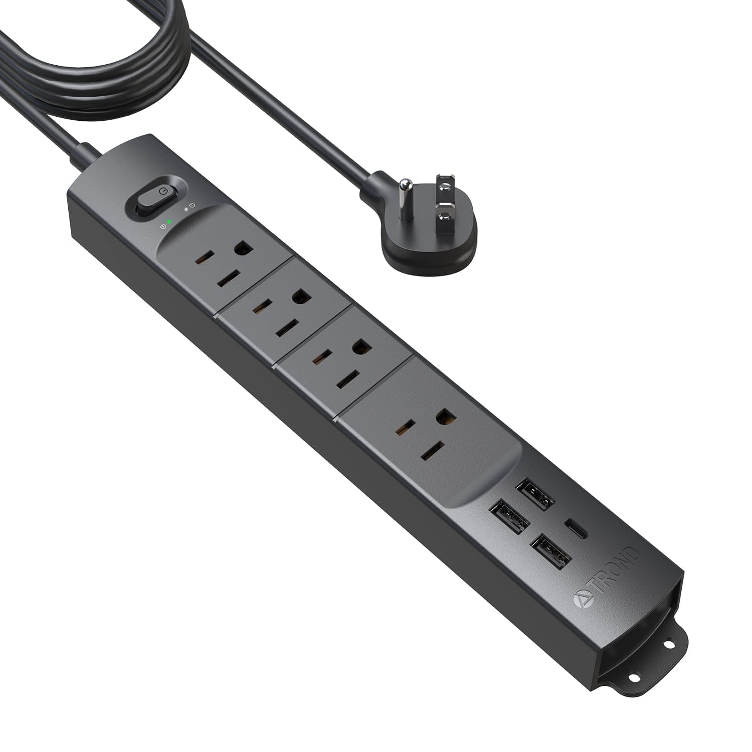 Surge Protector Power Strip with USB, Ultra Thin Flat Plug 15ft Long Extension Cord 1625W, 3 USB A & 1 Type C, 4 AC Outlets 1440J Surge Protection Wall Mount for Home Office Dorm Room, Black