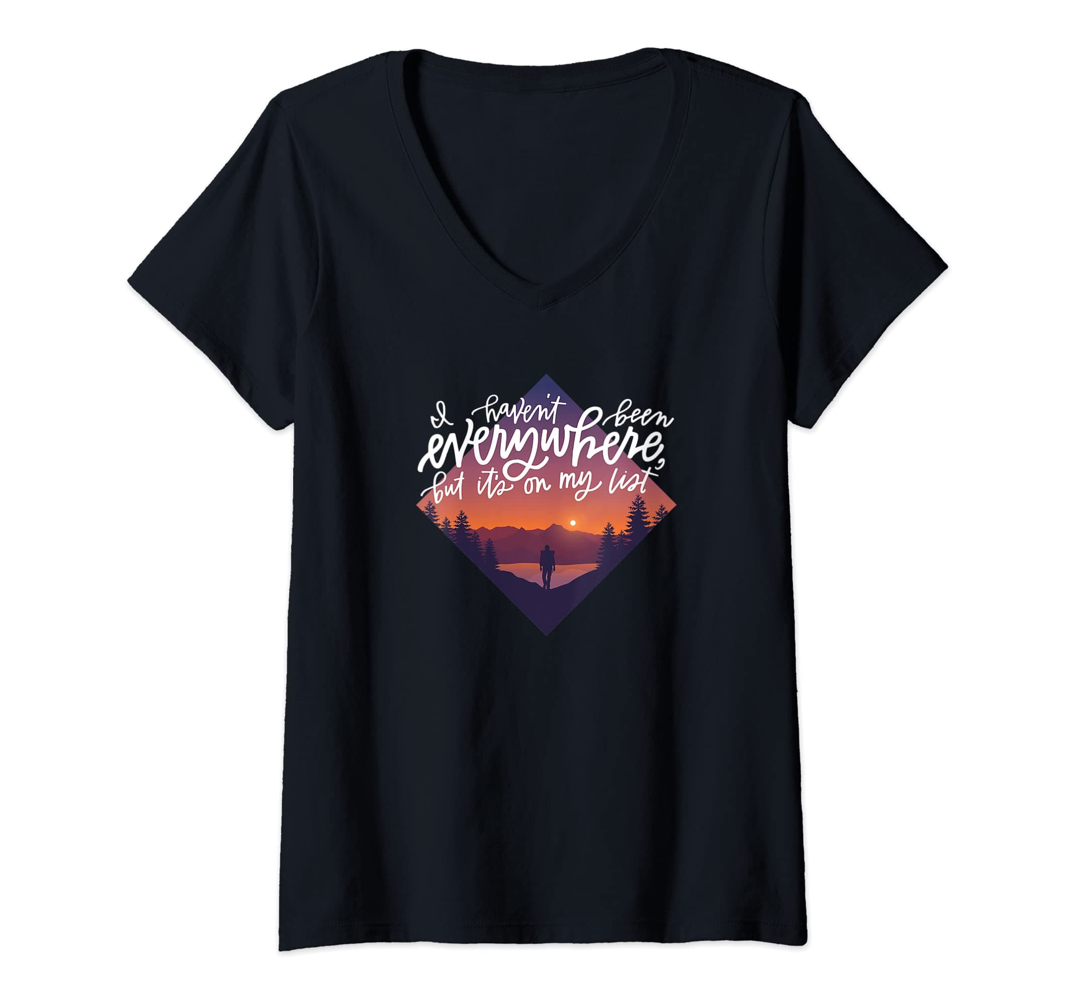 Womens Wanderlust Wandering Travel Camping, Hiking, or Backpacking V-Neck T-Shirt