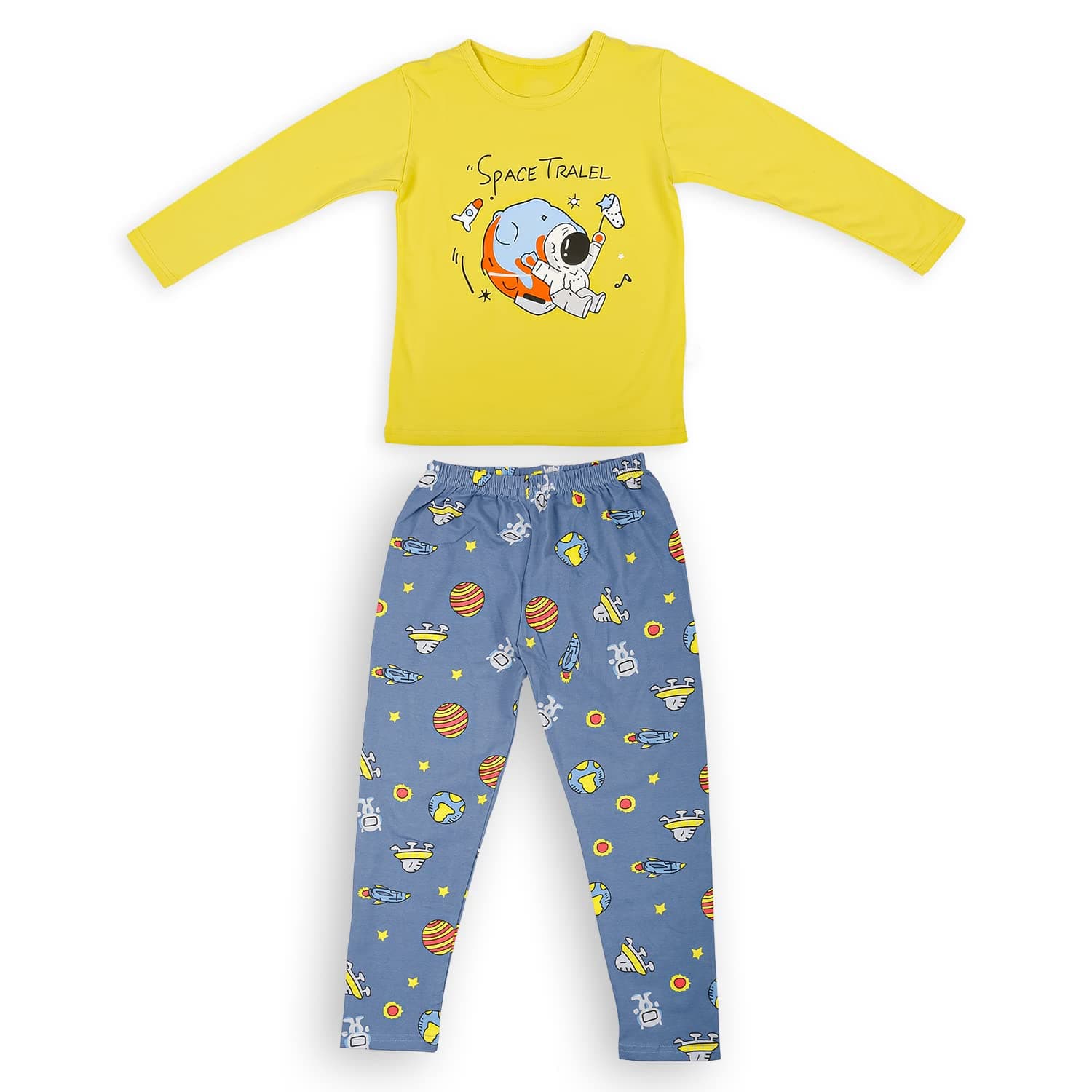 Baby Moo Night Suit Cotton Tshirt and Pyjama Space Travel Yellow (5Y-6Y)