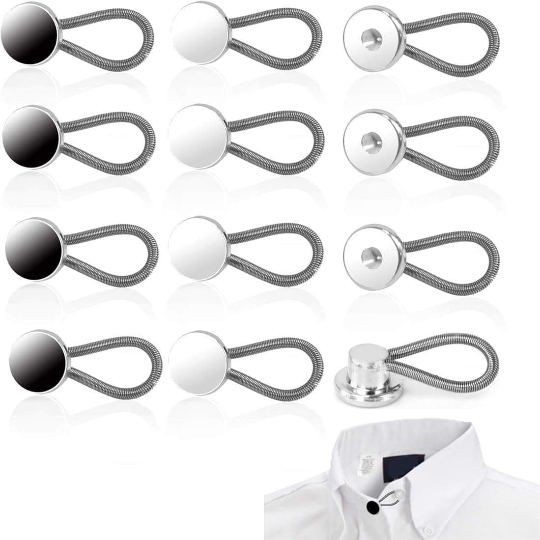 12 Pack Collar Button Extenders, Comfy Invisible Neck Button Extender, Adds 1 inch Instantly, Tie Collar Expander for Dress Shirts Suits Trouser, Coat, Shirts, Black + White + Silver