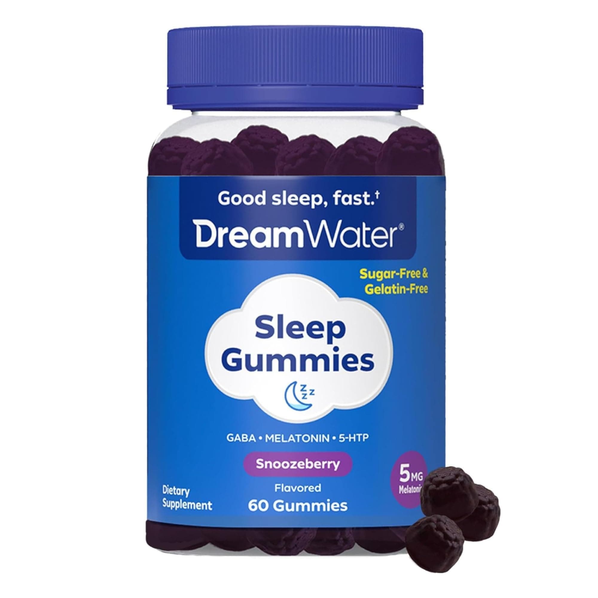 Dream Water Sleep Gummies (60 Count) Sleep Aids for Adults - 5mg Melatonin, GABA, 5-HTP - Natural Snoozeberry Flavor (Blue Raspberry) - Easy Chew Melatonin Gummies - Sugar Free, Gluten Free, Vegan