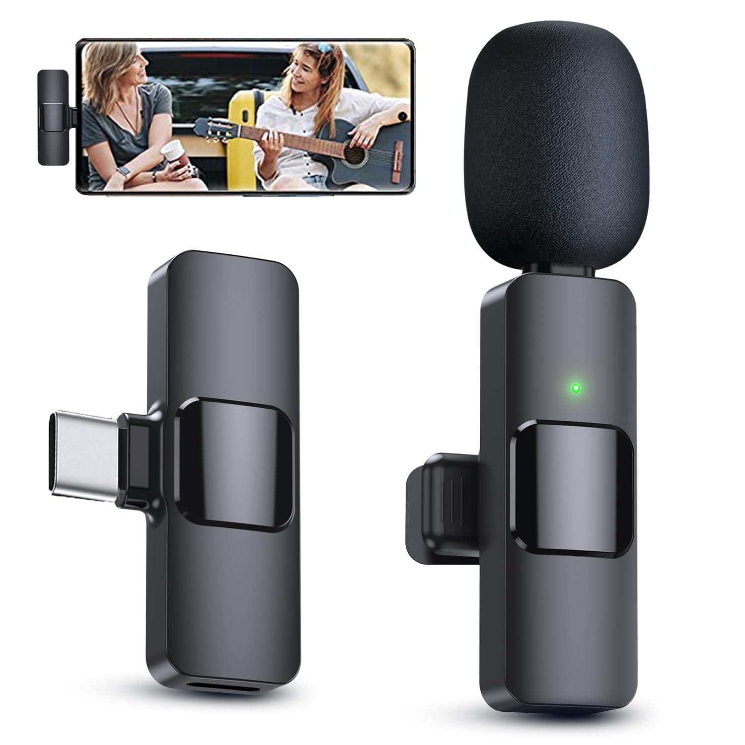 PQRQP Wireless Microphone for Android/Laptop, Mini Microphone, Type-C Phone, Microphones, Lavalier Video Recording, YouTube, Vlog, TikTok, Black-K8