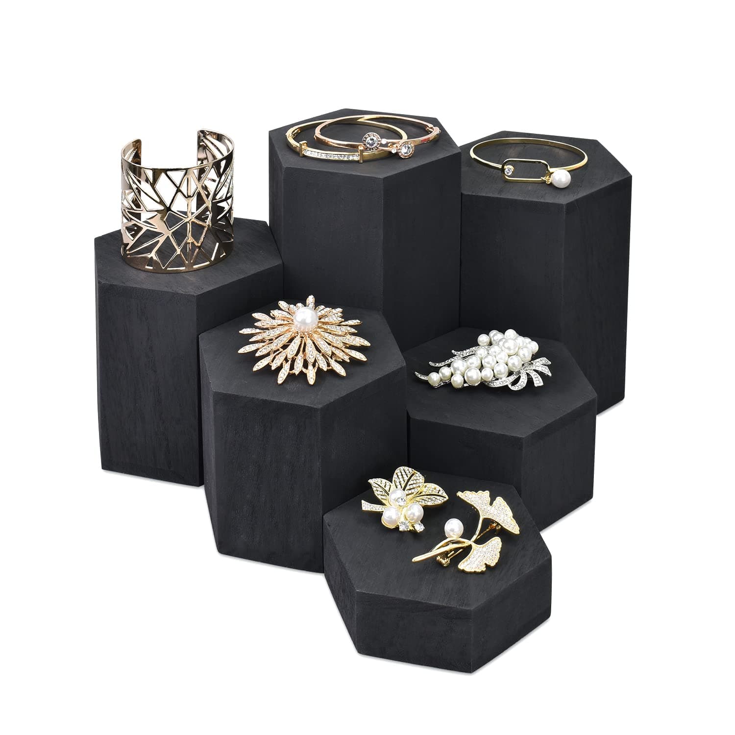 MOOCA Wooden 6 Pcs Hexagon Risers for Display Jewelry and Accessories Display Stand, Wooden Risers For Jewelry Figurine, Black Color