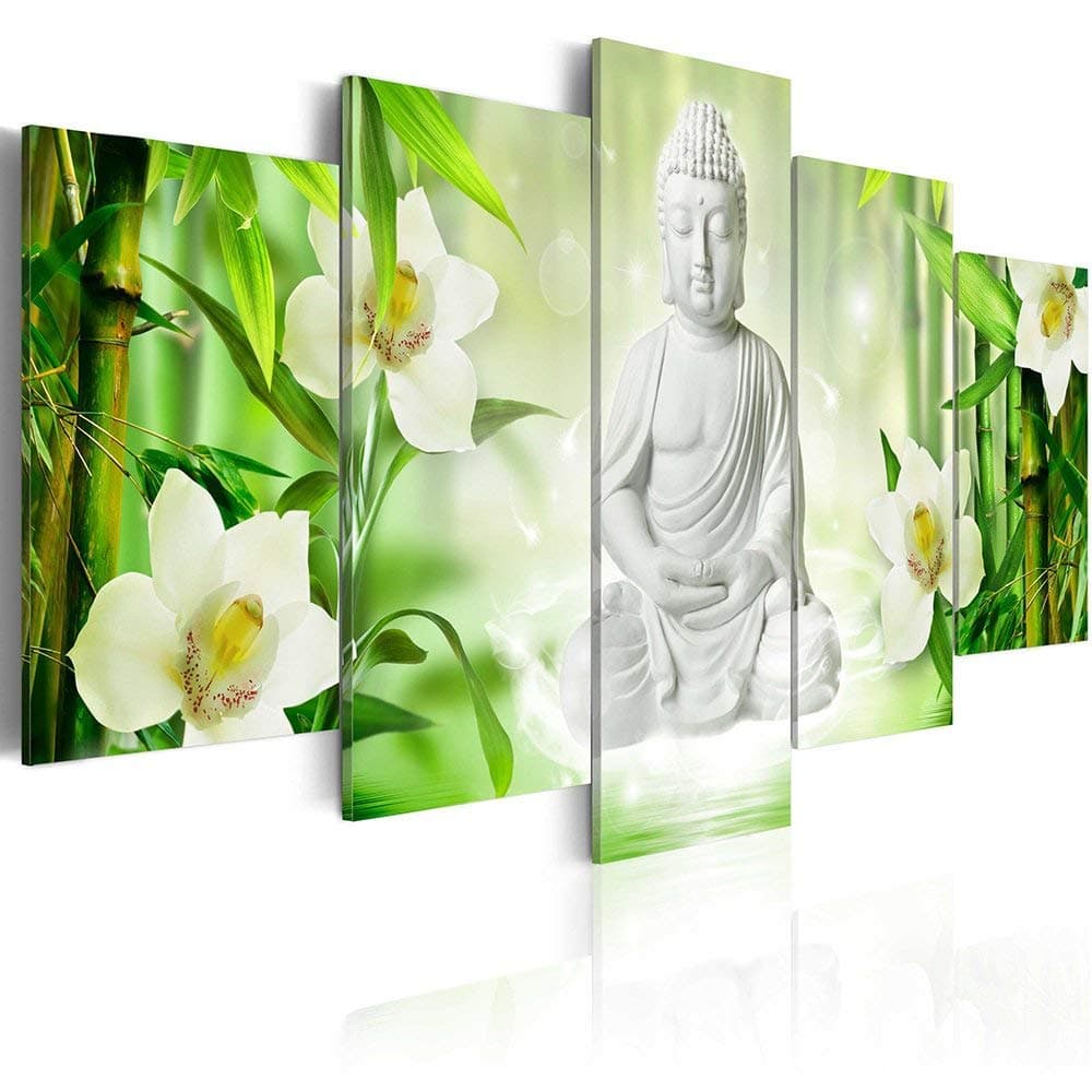 AWLXPHY Decor Zen Buddha Wall Art Canvas for Living Room Decor 5 Pieces Framed Painting Modern Still Life White Buddha Orchid Bamboo Stretched Green Zen Wall Artwork Giclee (W40 x H20)