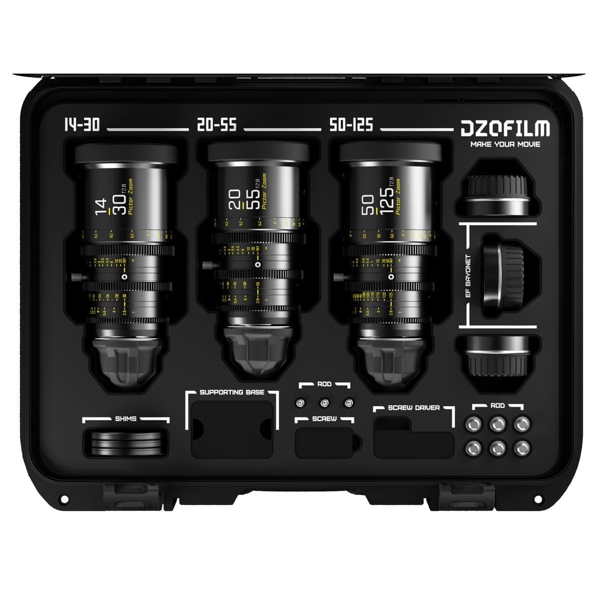DZOFILM Pictor Super35 Parfocal Cine 3-Lens Kit with 14-30mm, 22-55mm, 50-125mm T2.8 Lens for PL Mount and Canon EF, Black