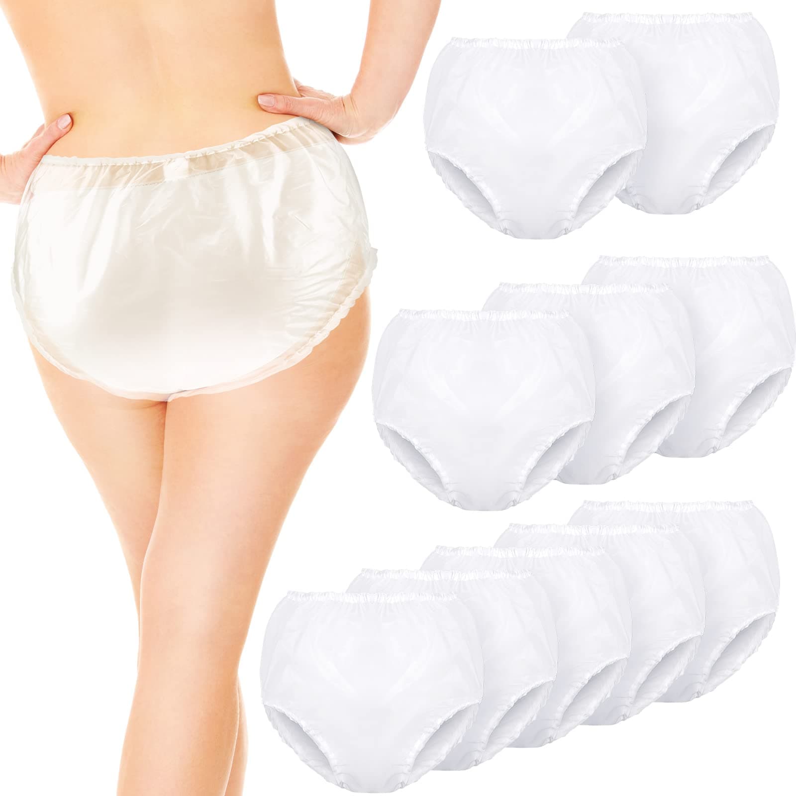 Weewooday 10 Pcs Adult Plastic Pants, Medium, White, Waterproof Incontinence Underpants, EVA Pull on Cover Pants, Leak Proof, Washable Incontinence Pants for Men and Women
