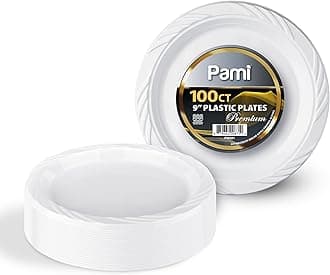PAMI Heavy-Duty Disposable Plastic Dinnerware for Parties, Elegant Design, Microwave & Freezer Safe (9 Inch Plates 100 White)