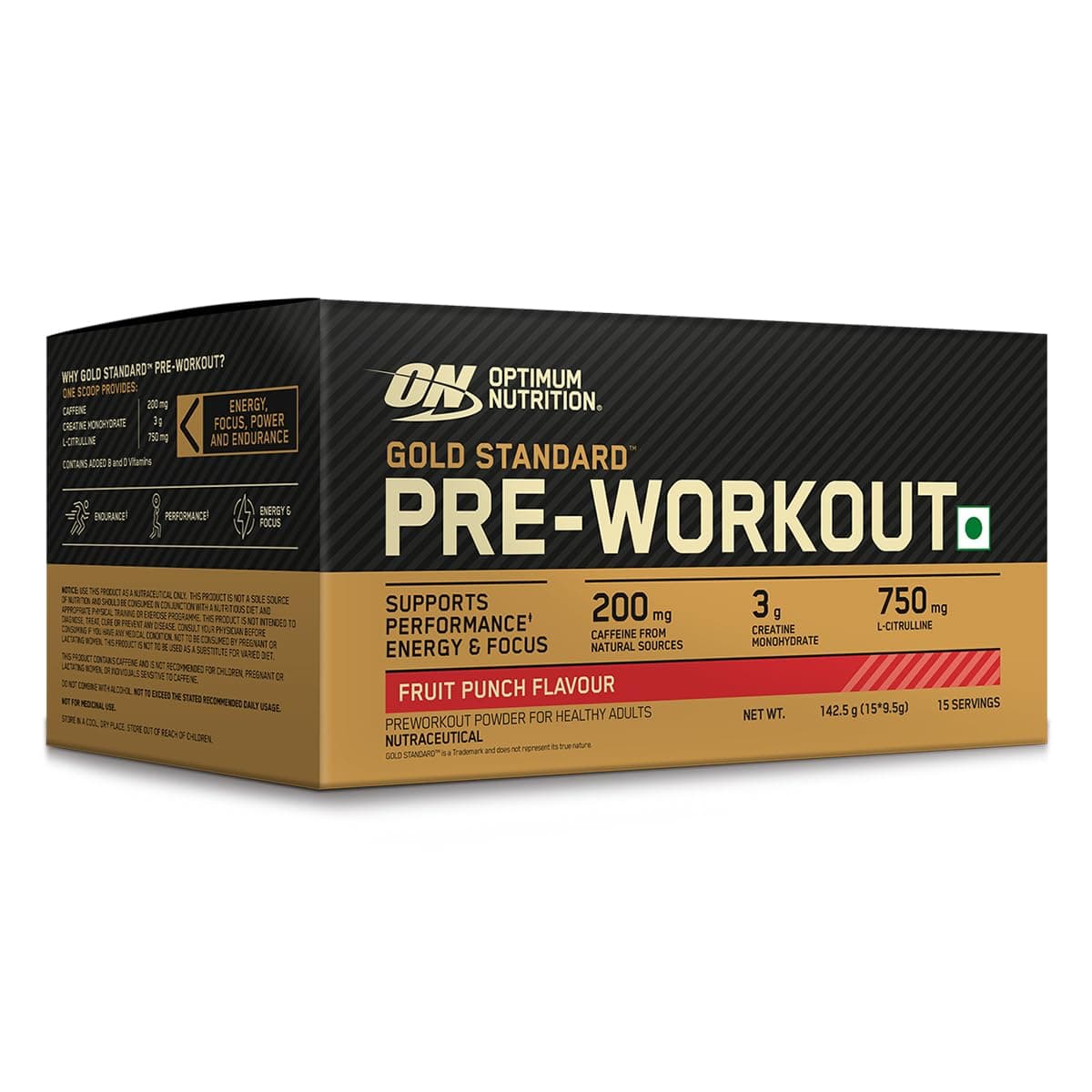 (ON) Gold Standard Pre-Workout- 142.5g/15 single serve packs (Fruit Punch Flavor), For Energy, Focus, Power, Endurance & Performance