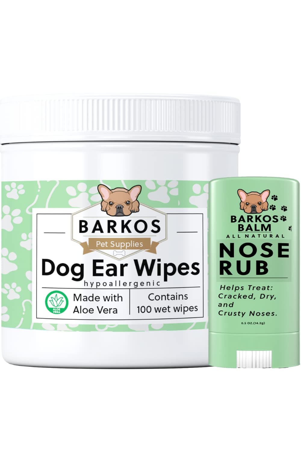 Dog Ear Cleaner Wipes + Nose Balm for Dogs | Bulldog, French Bulldog, Pug, English Bulldog, Cleans & Soothes Ears, Wrinkles, Folds, Tear Stain, Infection Treatment Cleaning + Snout Soother by Barkos