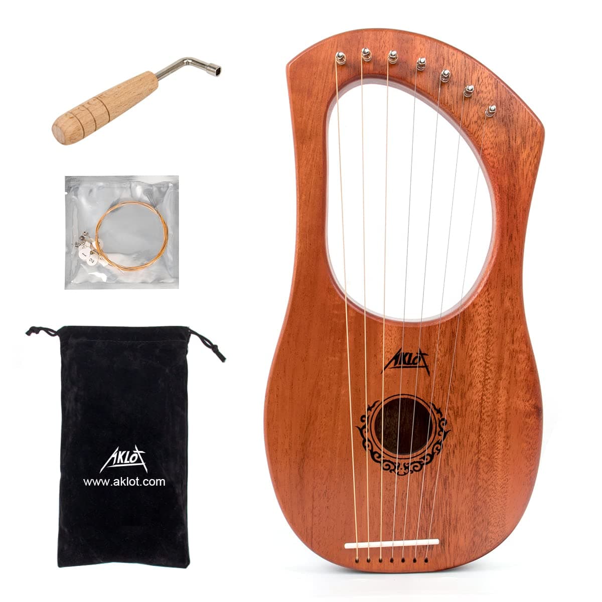 AKLOT 7 String Lyre Harp, 7 Metal Strings Lye Harp Bone Saddle Mahogany with Tuning Wrench and Black Gig Bag