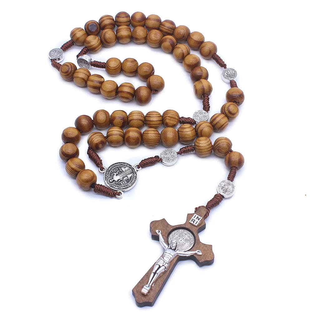 Wooden Rosary Beads Necklace Wood Saint Benedict Medal & Catholic Cross Religious Prayer Chaplet Handmade