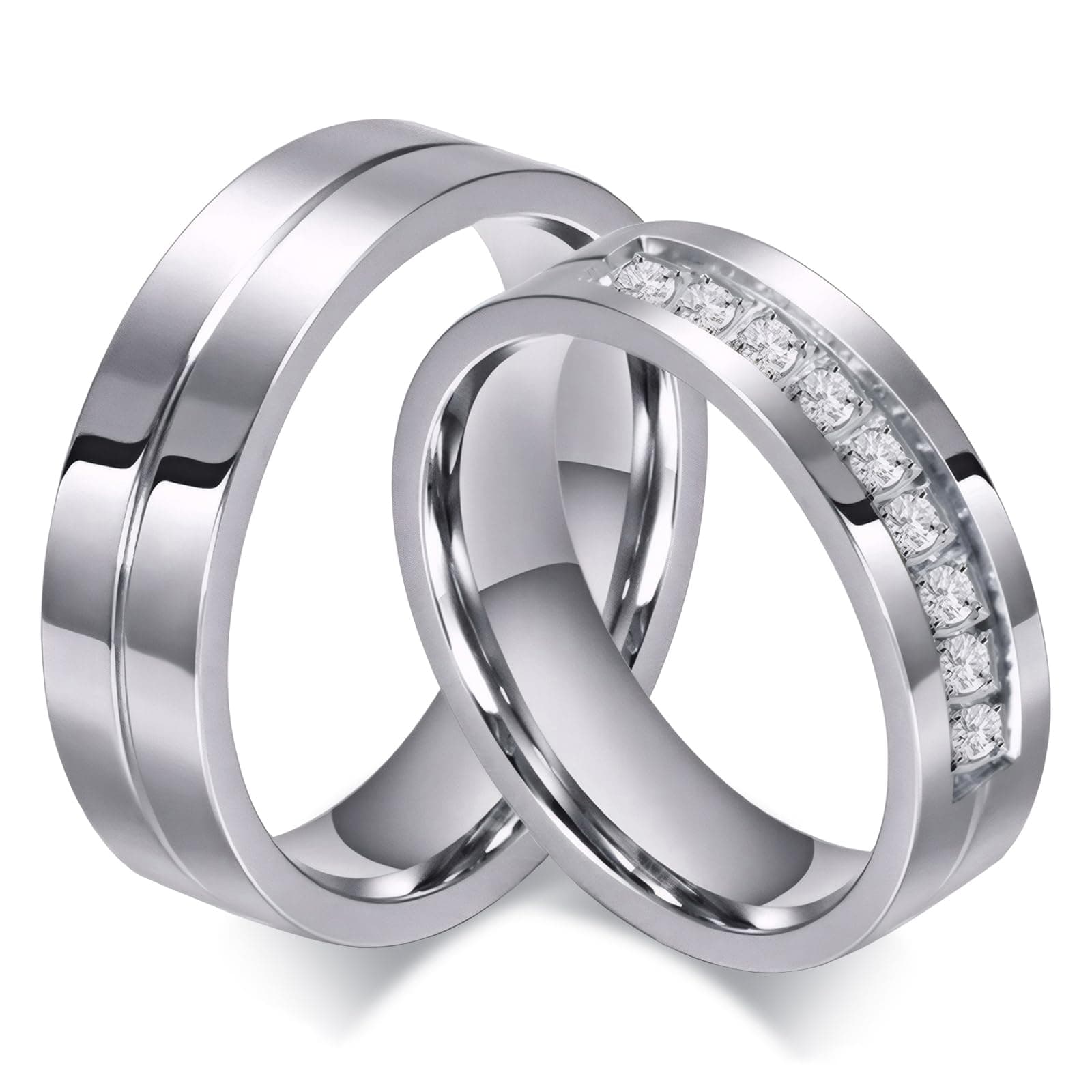 His & Hers Couple Ring Promise Ring Stainless Steel Couple Wedding Engagement Bands Cubic Zirconia CZ Band for Women Men Lovers Matching Princess Cut Bridal Jewelry Gifts Comfort Fit Size 5-14