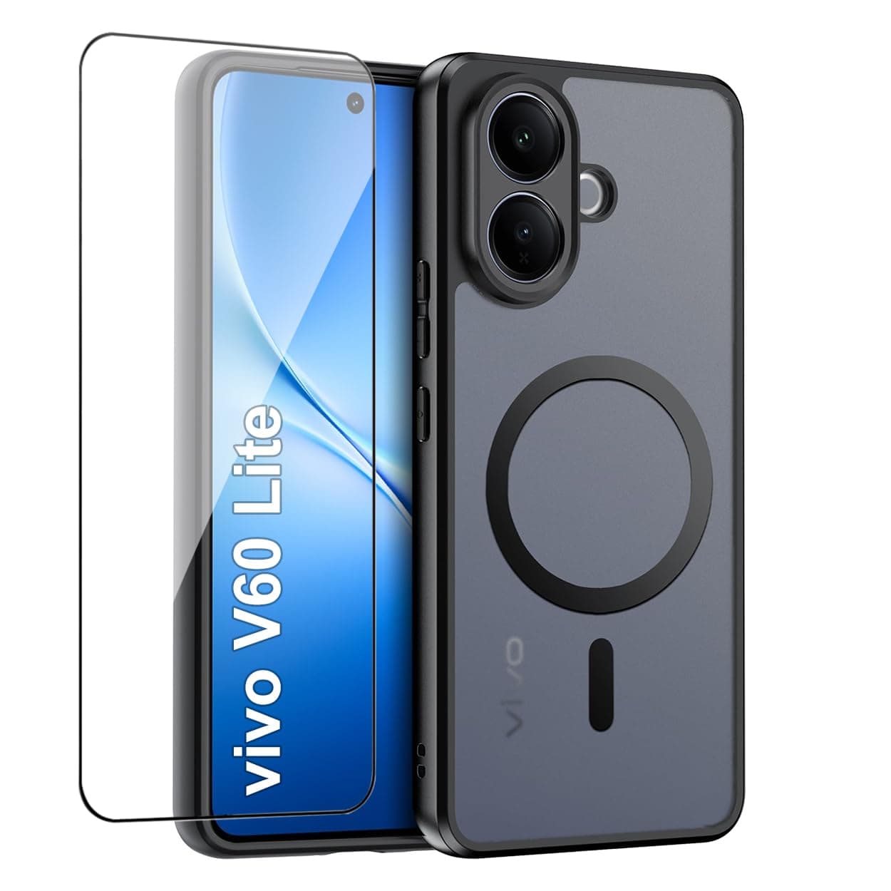 QUIETIP Magnetic Case for vivo V60 Lite with Screen Protector,[Compatible with MagSafe] Translucent Matte Drop Protection Cover,Black