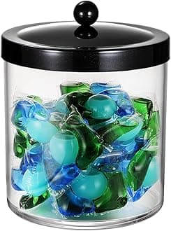 SheeChung 50oz Large Plastic Apothecary Jar with Black Stainless Steel Lid - Shatterproof Laundry Pods Container - Modern Industrial Bathroom & Kitchen Storage Organizer for Scent Beads, Bath Bombs
