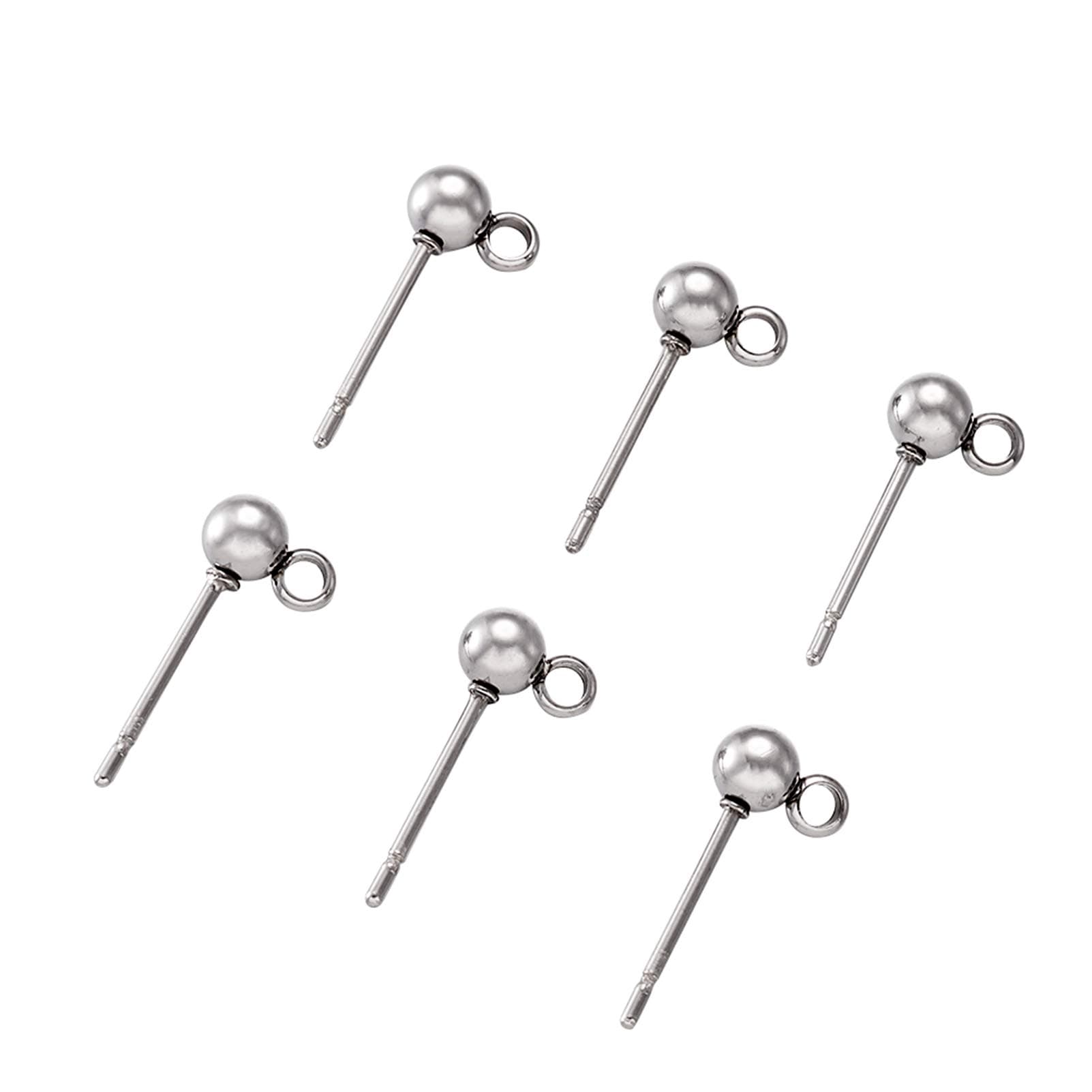 Craftdady 100Pcs Stainless Steel Ball Post Earring Studs Round Spherical Head Metal Pierced Ear Pins with Loop 17x9mm for Dangle Earring Jewelry Making Hole: 1mm