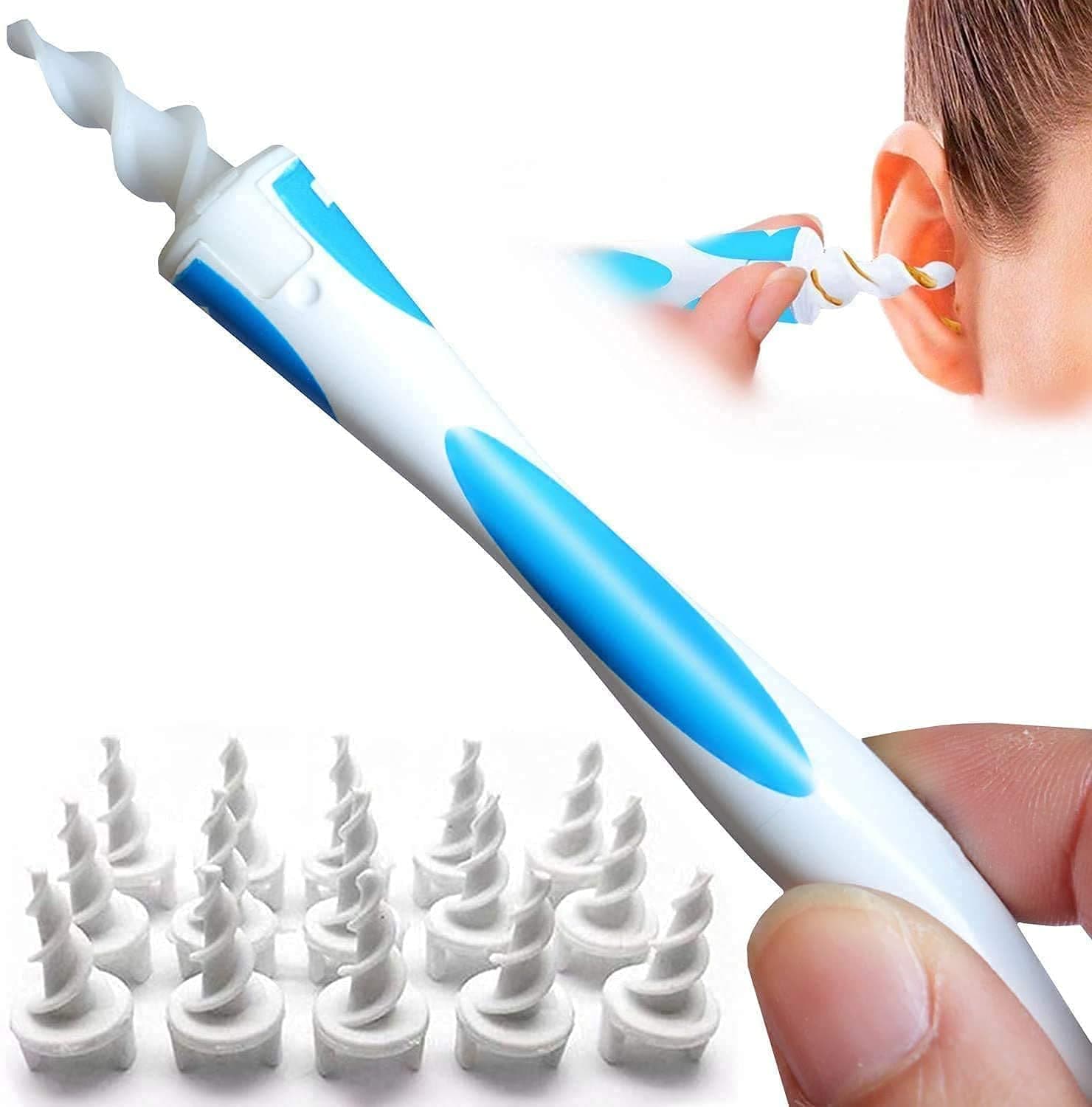 Q Grips Earwax Remover Spiral Ear Wax Remover Silicone Ear Cleaner Safe Qgrips Earwax Removal Tool with 16 Soft Replacement Heads Reusable Q-Grips Ear Wax Remover for Adults and Kids