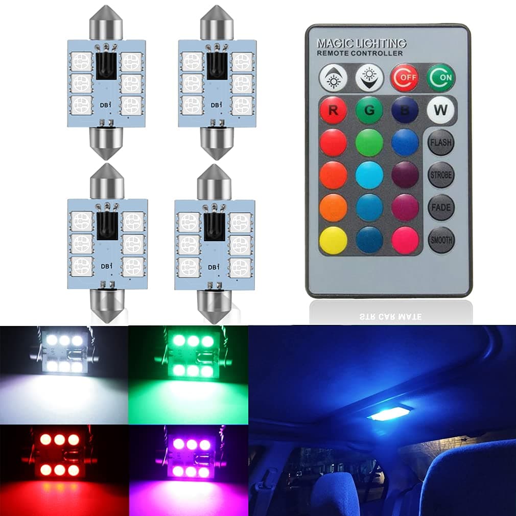 DE3425 6461 6475 LED Festoon Bulbs 39mm LED Bulbs 6411 RGB with Remote Control 16 Colors Change Extremely Bright fit Car Interior Dome Map Door Courtesy License Plate Lights Trunk Light Bulbs
