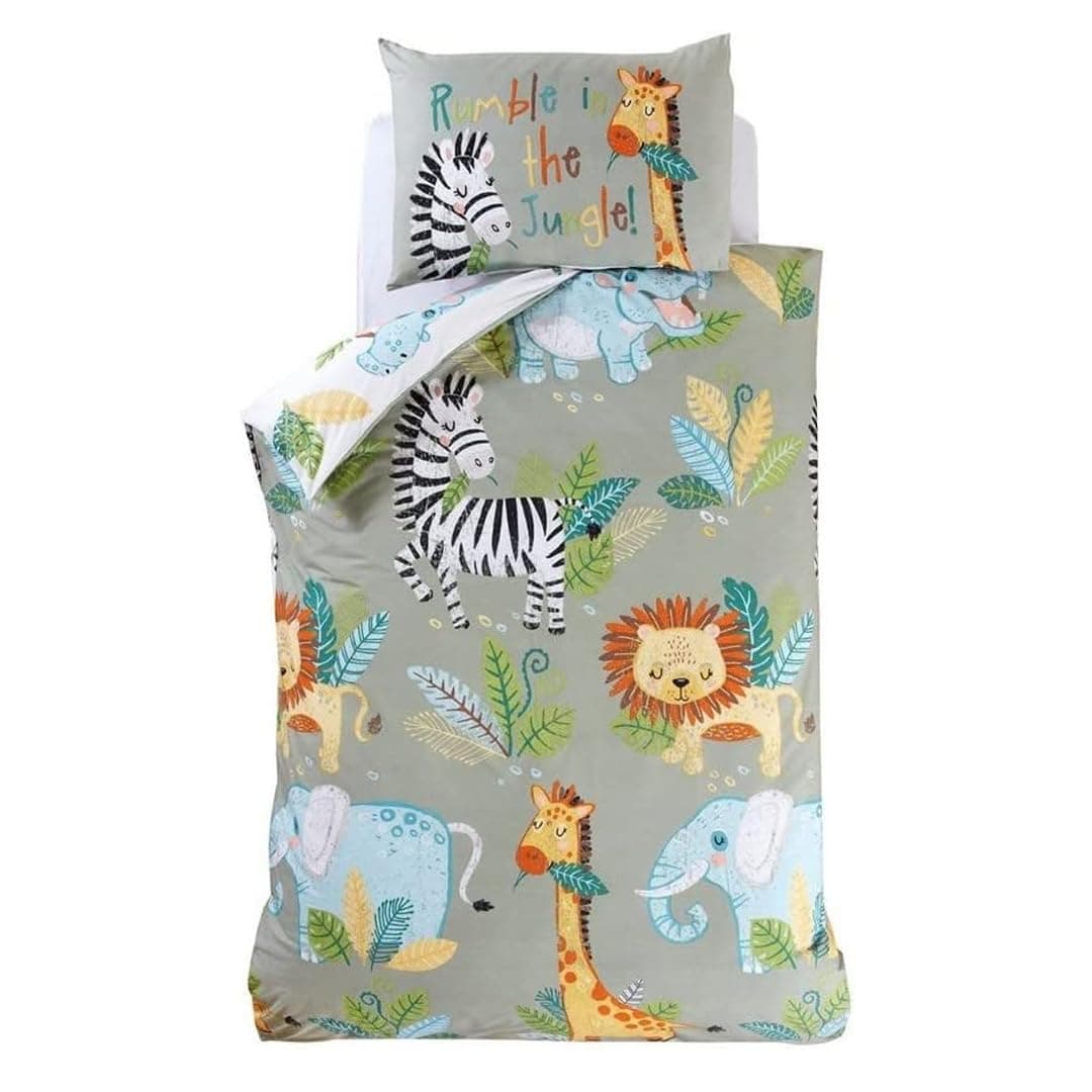 Rapport Home - Toddler Duvet Cover & Pillowcase Set - Kids Reversible Bedding - Rumble in the Jungle Green Animal Print 120x150cm