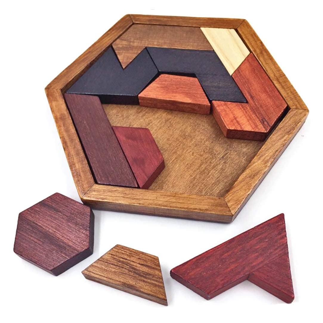 KINGOU Hexagon Tangram Puzzle Wooden Brain Puzzle for Kids & Adults Challenge Wooden Brain Teaser Puzzle Game Family Party Gift - Brain Games for Kids