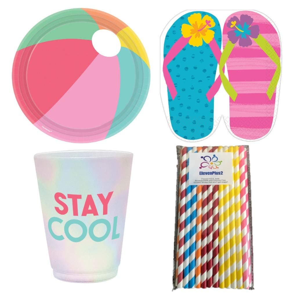 Summer Fun Chillin At The Beach Party Supplies Pack for 16 Guests: Includes Beach Ball Plates, Flip Flop Napkins, Stay Cool Tumblers and ElevenPlus2 Straws