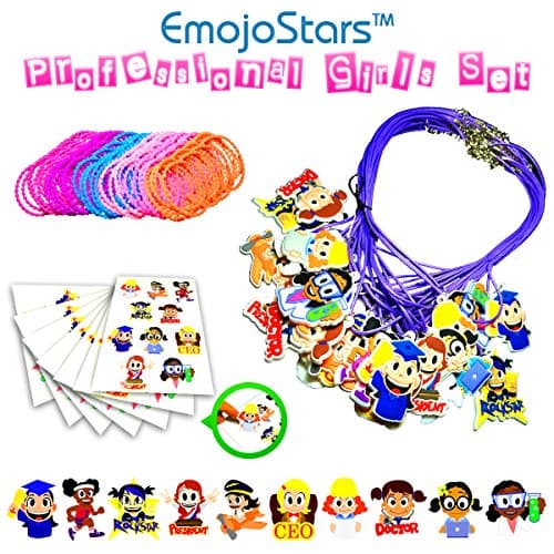EmojoStars 75pc Emoji Theme Girls Toy Novelty Set, Necklaces, Stickers, Bracelets Favor Set for Children's Parties
