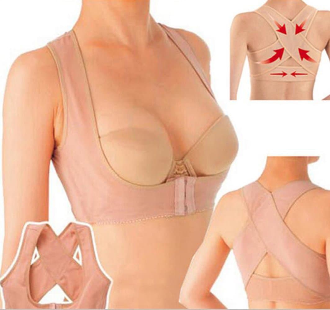 Chest Support Adjustable Posture Corrector Anti-hunchback Back Shoulder Bra Brace X Strap for Women Beige L
