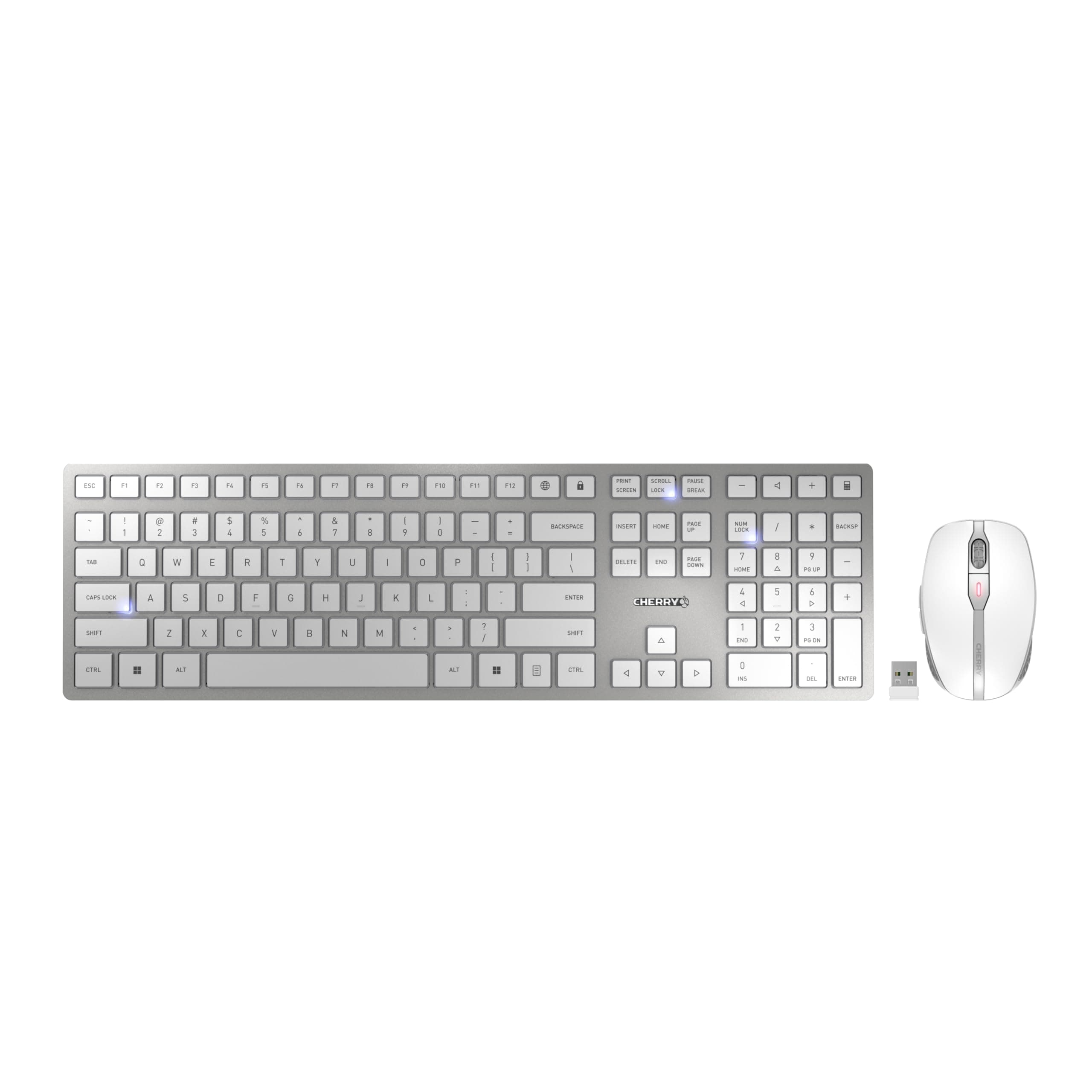 CHERRY DW 9100 SLIM, wireless keyboard and mouse set, US layout, QWERTY keyboard, rechargeable batteries, SX scissor mechanism, whisper-quiet keystroke, white-silver