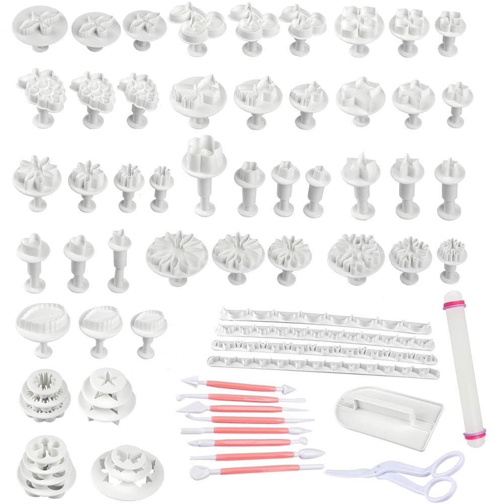 ScivoKaval Marshmallow Fondant Cake Decorating Hand Tool 69 Pcs 22 Sets Sugarcraft Gumpaste Icing Smoother Rolling Plunger Cookie Cutter Mold Flower Scissor Modelling Accessories Supplies Kit Pink
