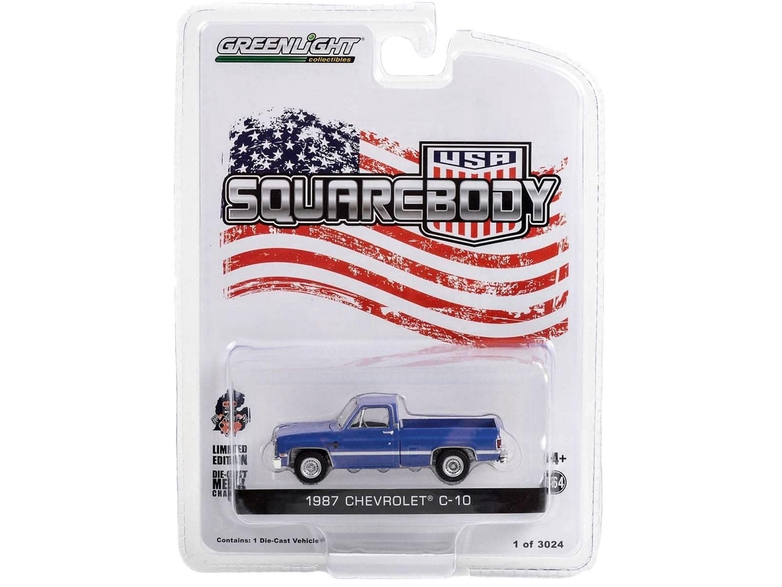 Collectibles 1987 Chevy C-10 Pickup Truck Blue Squarebody USA Limited Edition to 3024 Pieces Worldwide 1/64 Diecast Model Car by Greenlight 51489