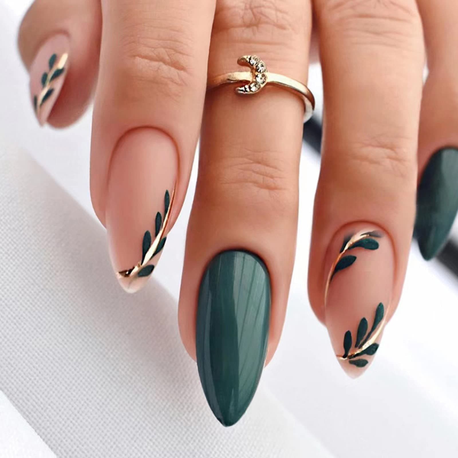 24pcs Long Almond False Nails Green Stick on Nails Leaves Design Press on Nail Removable Glue-on Fake Nail Art Accessories for Women