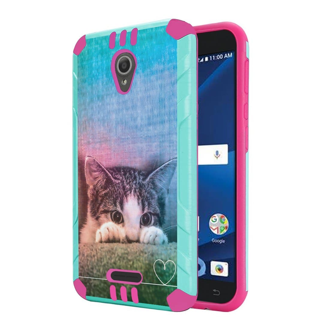 Alcatel IdealXcite Case, Alcatel Verso Case, Alcatel CameoX Case, Alcatel Raven LTE Case, Capsule-Case Dual Layer Slim Defender Armor Combat Case Mint & Pink - (Kitty Cat)
