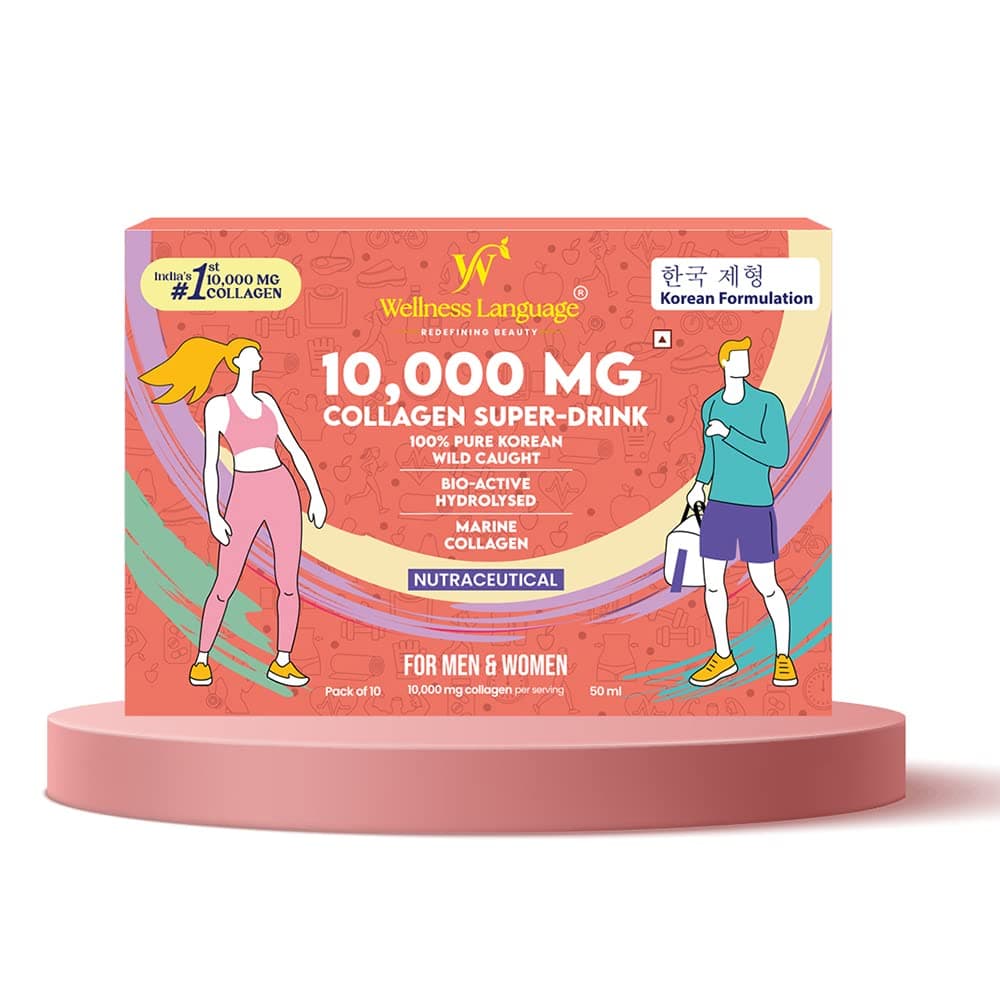 WELLNESS LANGUAGE Collagen Drink | Liquid Super Collagen Peptides | 10,000mg Advanced Hydrolyzed Marine Collagen | For Strong Hair, Skin & Nails | Vegan| Apple Flavor | Pack of 1 (10 Bottles x 50ml)