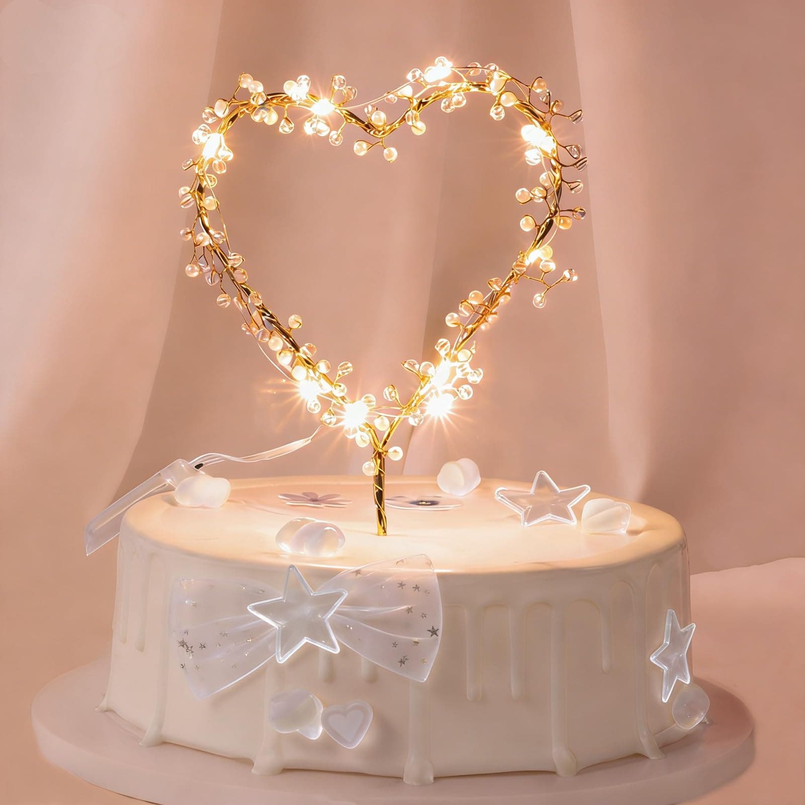 KIPETTO Love Heart Pearl Cake Toppers with LED Light for Birthday Wedding Anniversary Party Decor