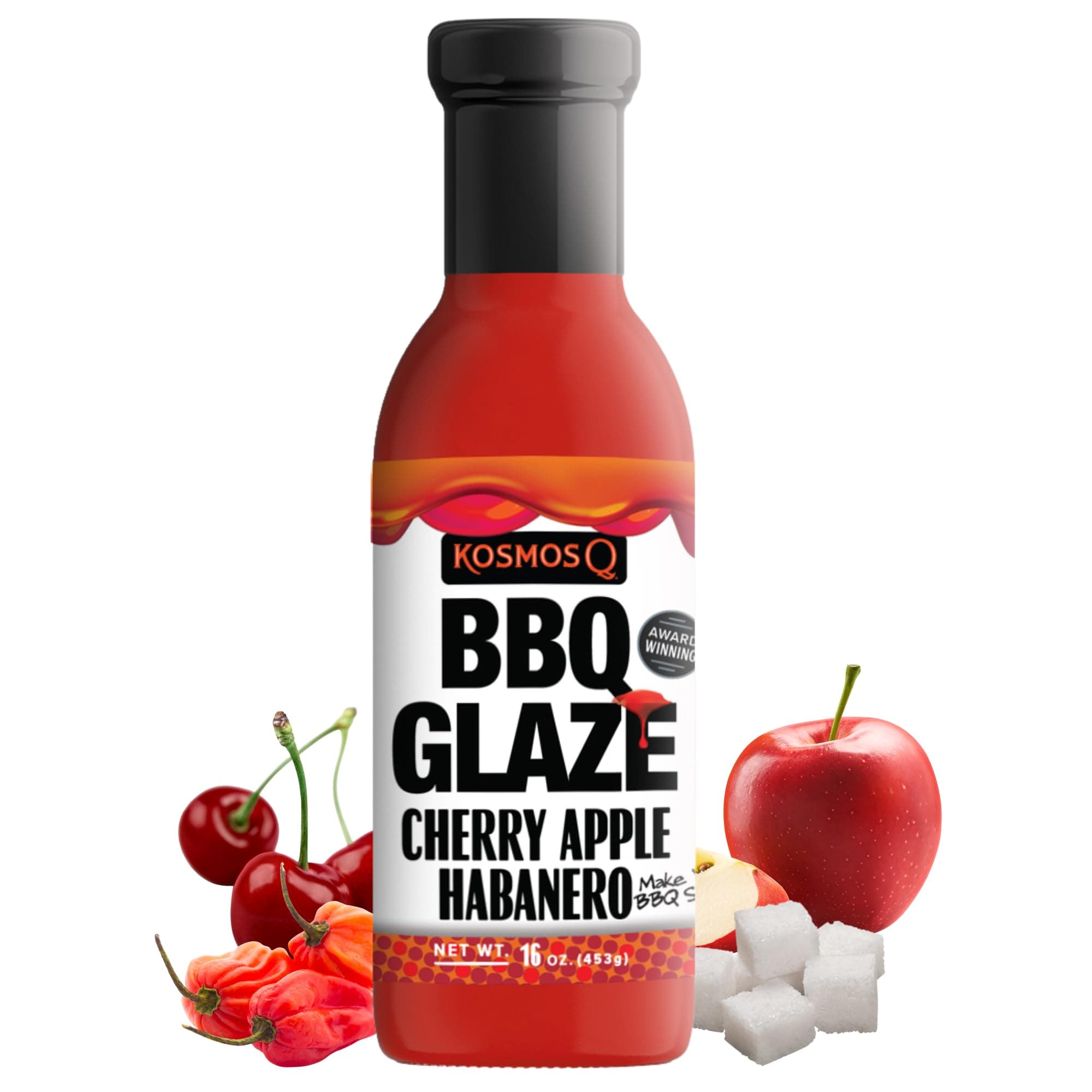 Kosmos Q Cherry Apple Habanero BBQ Glaze, Sweet & Spicy BBQ Sauce with Real Cherry, Apple & Habanero Peppers, Thick Rib Glaze for Pork, Chicken & Competition-Ready BBQ, American Made, 16 Oz Bottle