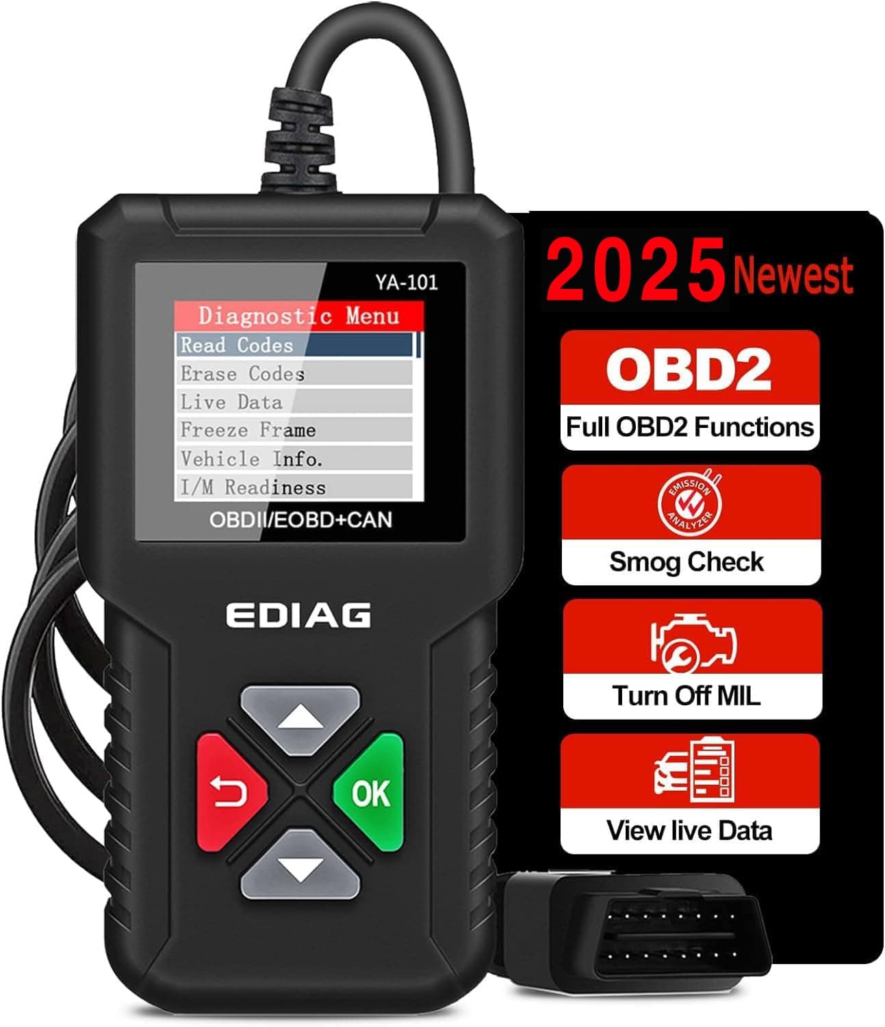 EDIAGYA101 OBD2 Scanner, EOBD/OBD2 Car Code Reader with Full OBD2 Functions,Check Engine Code Reader Automotive Car Diagnostic Tool/Car Code Scanner for O2 Sensor/EVAP System/Smog Test