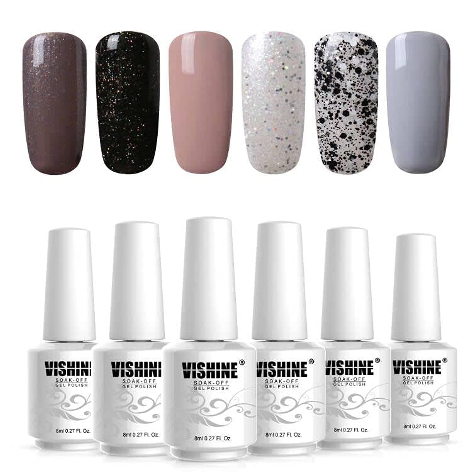 Vishine UV LED Gel Nail Polish Set Classic Elegant Mix Glitter Colours Soak Off Nail Polish 6pcs 8ml Gift Set