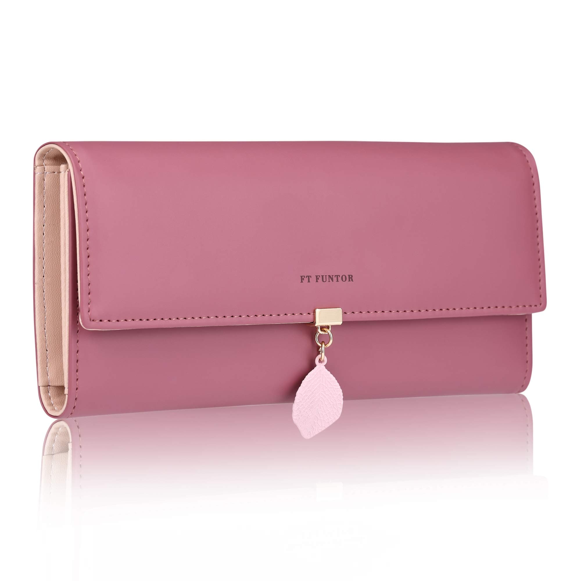 PU Leather Wallet for Women RFID Blocking Ladies Leaf Pendant Coin Zipper Long Purse with Multiple Card Slots and Card Holders Phone Pocket (Deep Pink)