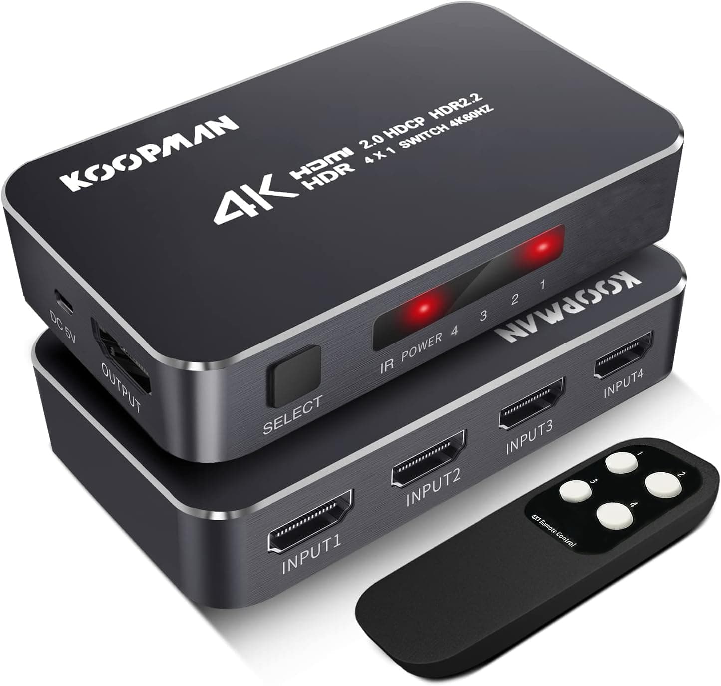 4K HDR HDMI Switch, Koopman 4 Ports 4K 60Hz HDMI 2.0 Switcher Selector with IR Wireless Remote, Supports UltraHD Dolby Vision, High Speed(Max to 18.5Gbps), HDR10, HDCP 2.2 & 3D