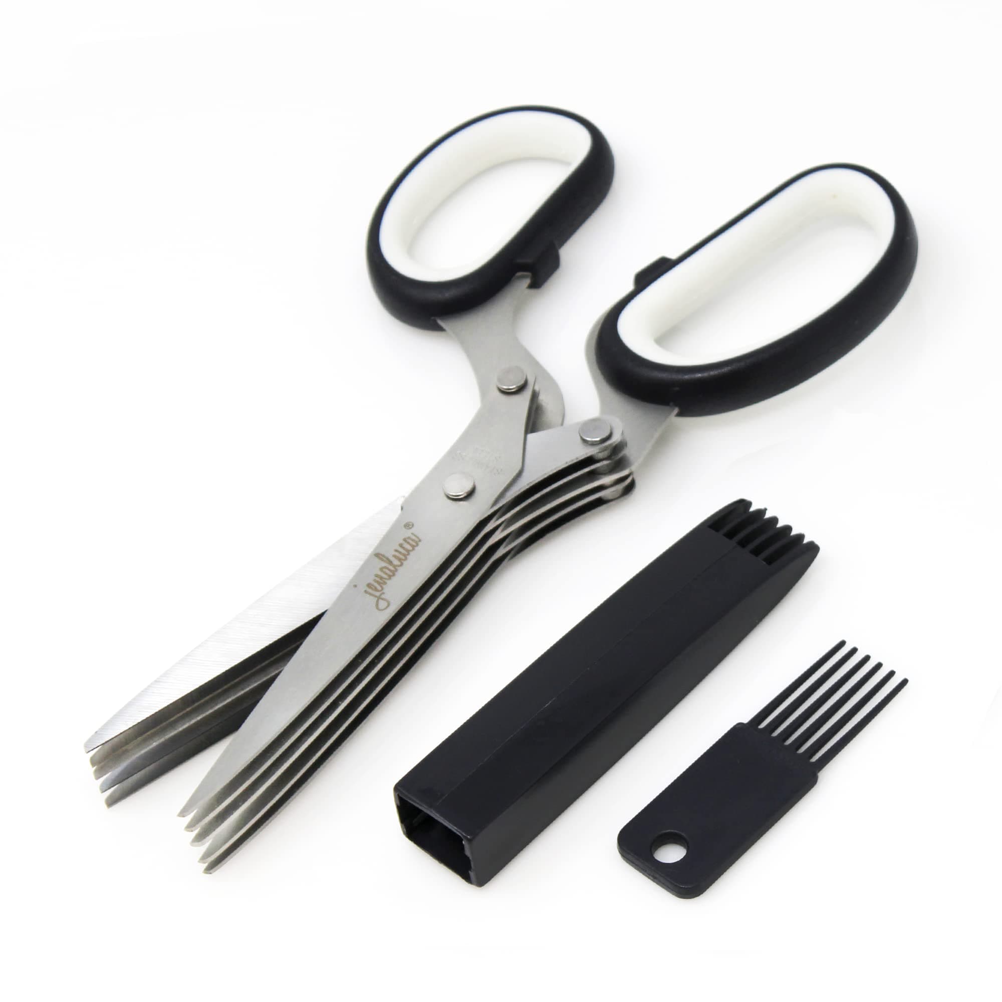 Jenaluca Herb Scissors with 5 Blades and Cover - Cool Kitchen Gadgets - Cutter, Chopper and Mincer - Sharp Heavy Duty Shears for Cutting, Shredding and Cooking Fresh Garden Herbs (Black)