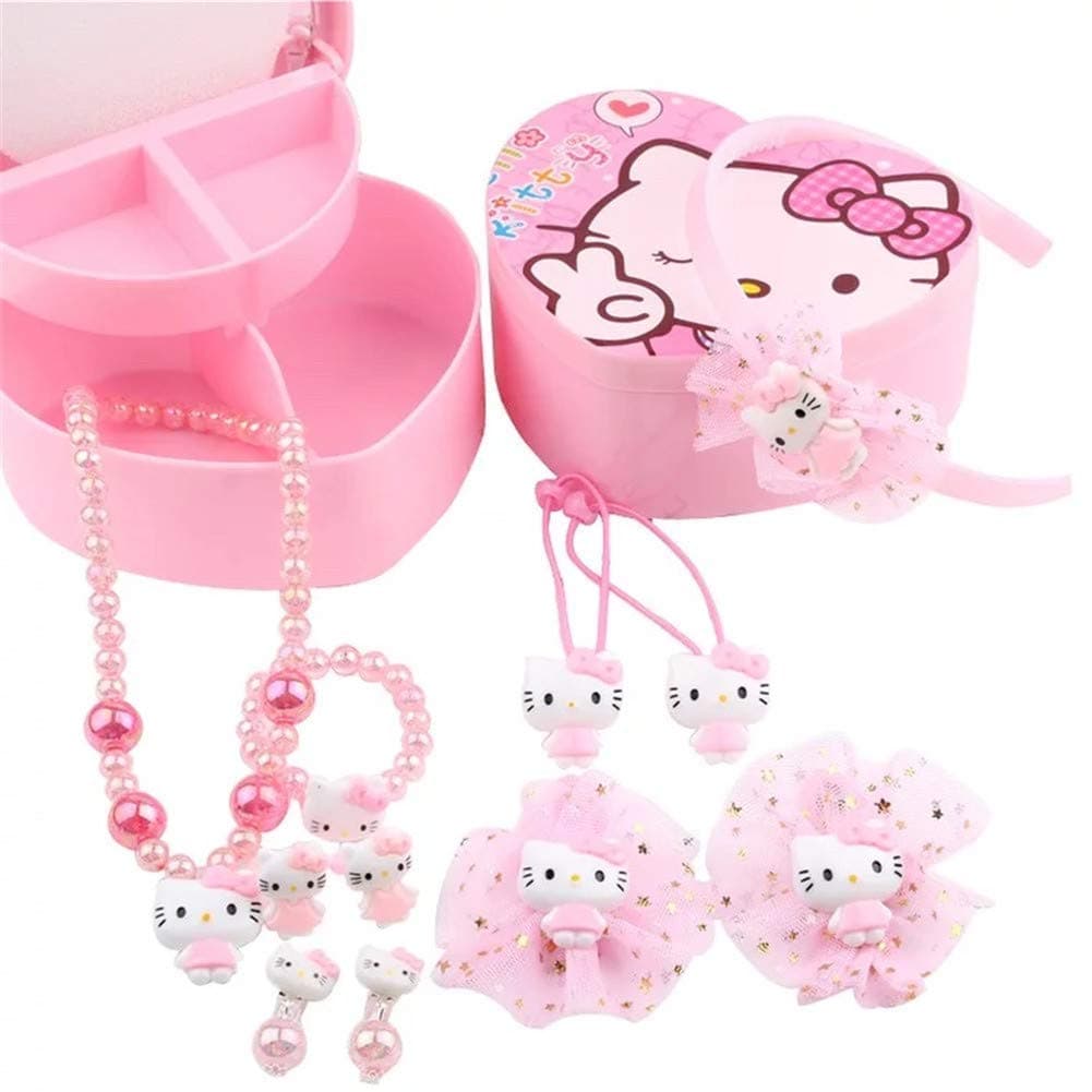 Yefashion Girl Kid Jewelry Set+ Storage Box Hello Kitty Necklace Earring Ring Hair Accesory