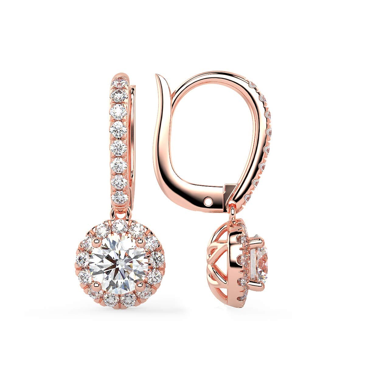 Certified 14K Gold 1-7/8 Cttw Round Brilliant Cut Lab Created Diamond Halo Lever Back Drop Earrings (Center Stones G-H Color, VS1-VS2 Clarity) - Choice of Gold Color