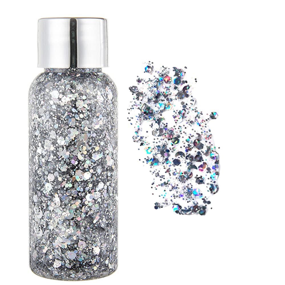 Body Glitter Gel Mermaid Scale Sequins Skin Long Lasting Sparkling Cream Eyeshadow Lip Nail Hair Painting Glitter Decorate Art Festival Party Make up Powder (Silver)