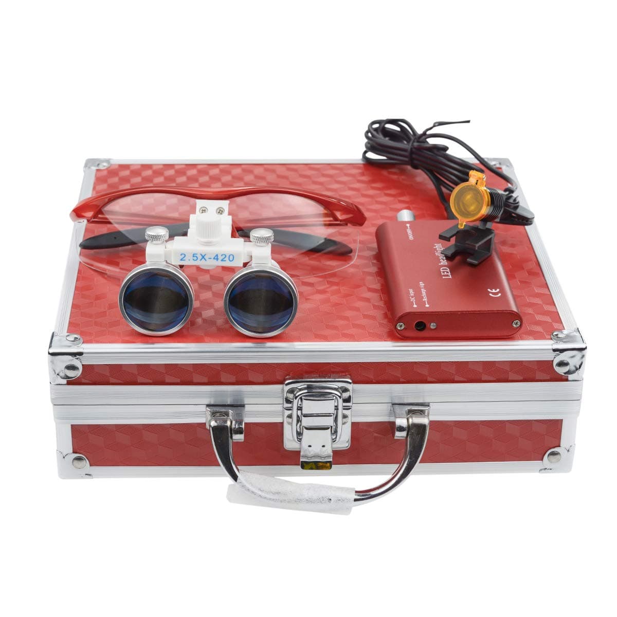 Aries Outlets Dental Surgicial Loupe Loupes 2.5X Magnification (420mm) Working Distance Burgundy Goggles +3W LED Headlamp Light with Filter Red Aluminum Box