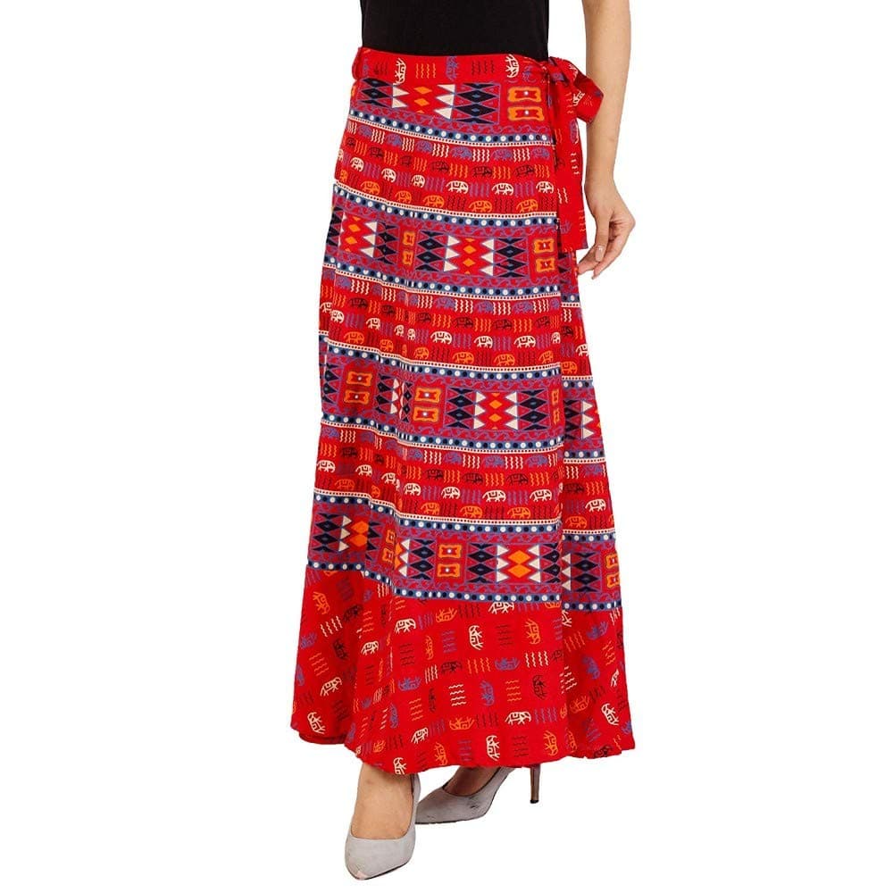 Women's Printed Cotton Wrap Around Maxi Skirt (Red, Free Size)