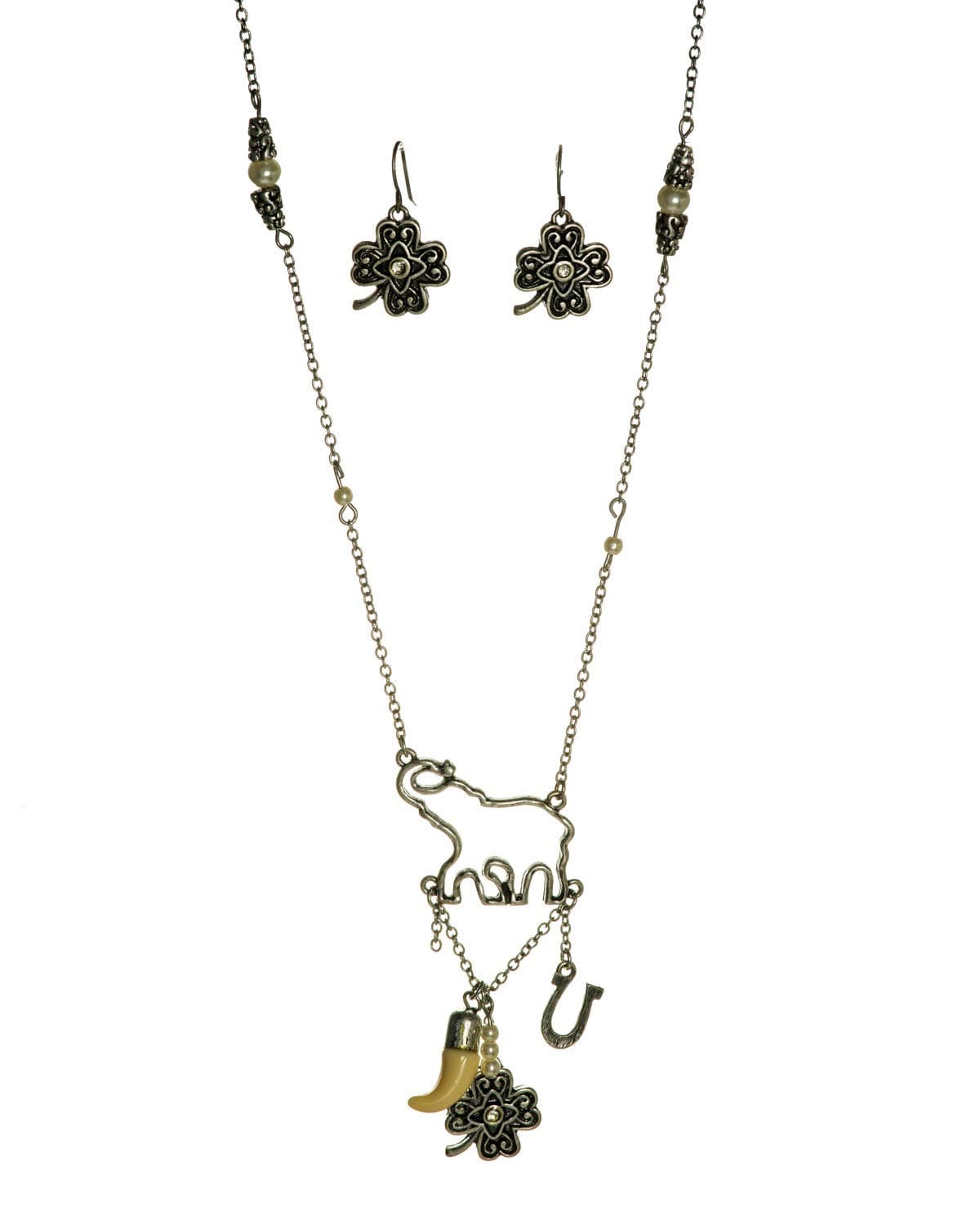 JNX Elephant Imitation Pearl Imitation Ivory Tusk Clover Horse Shoe Lucky Charm Necklace